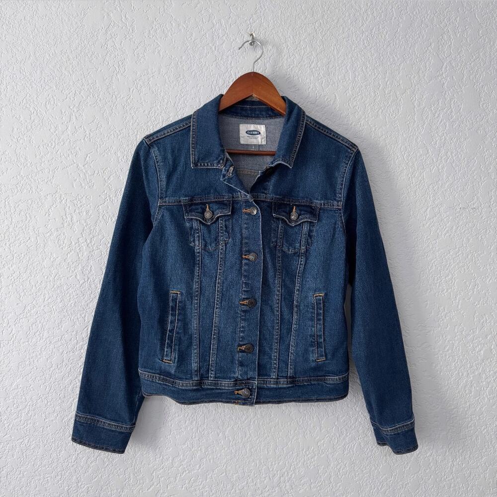old navy blue dark wash denim jean button up jacket size large
